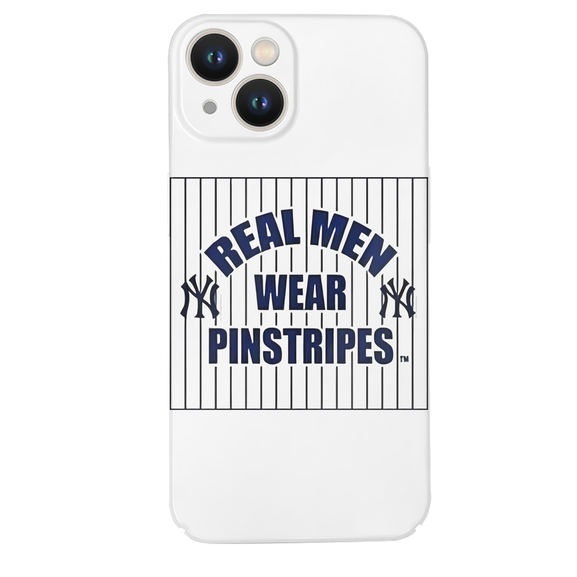 New York Yankees Real Men Wear Pinstripes IPhone 14 Series Full-Cover Hard Case – Shockproof With Raised Camera Protection – Precise Cutouts, Wireless Charging Compatible – Durable, Anti-Yellowing, Easy To Clean